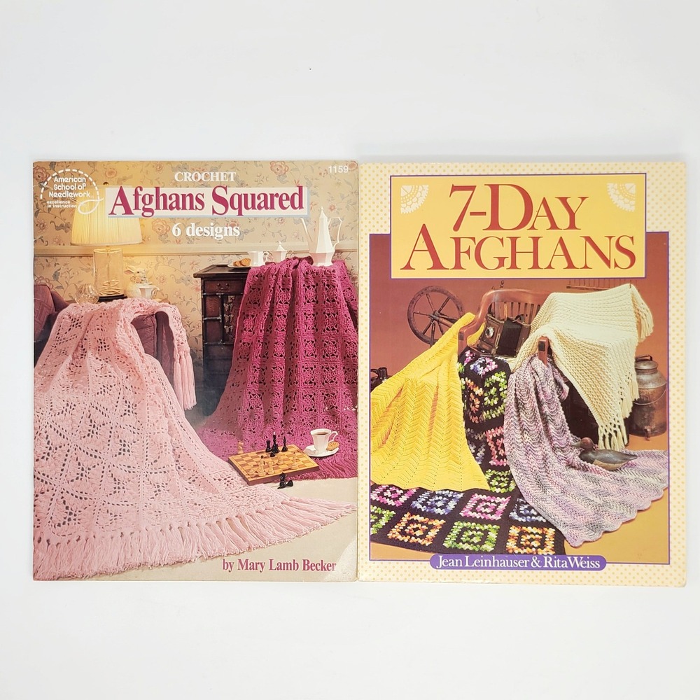 Lot of 2 Vintage Crochet Pattern Books Afghans Squared & 7-Day Afghans Set